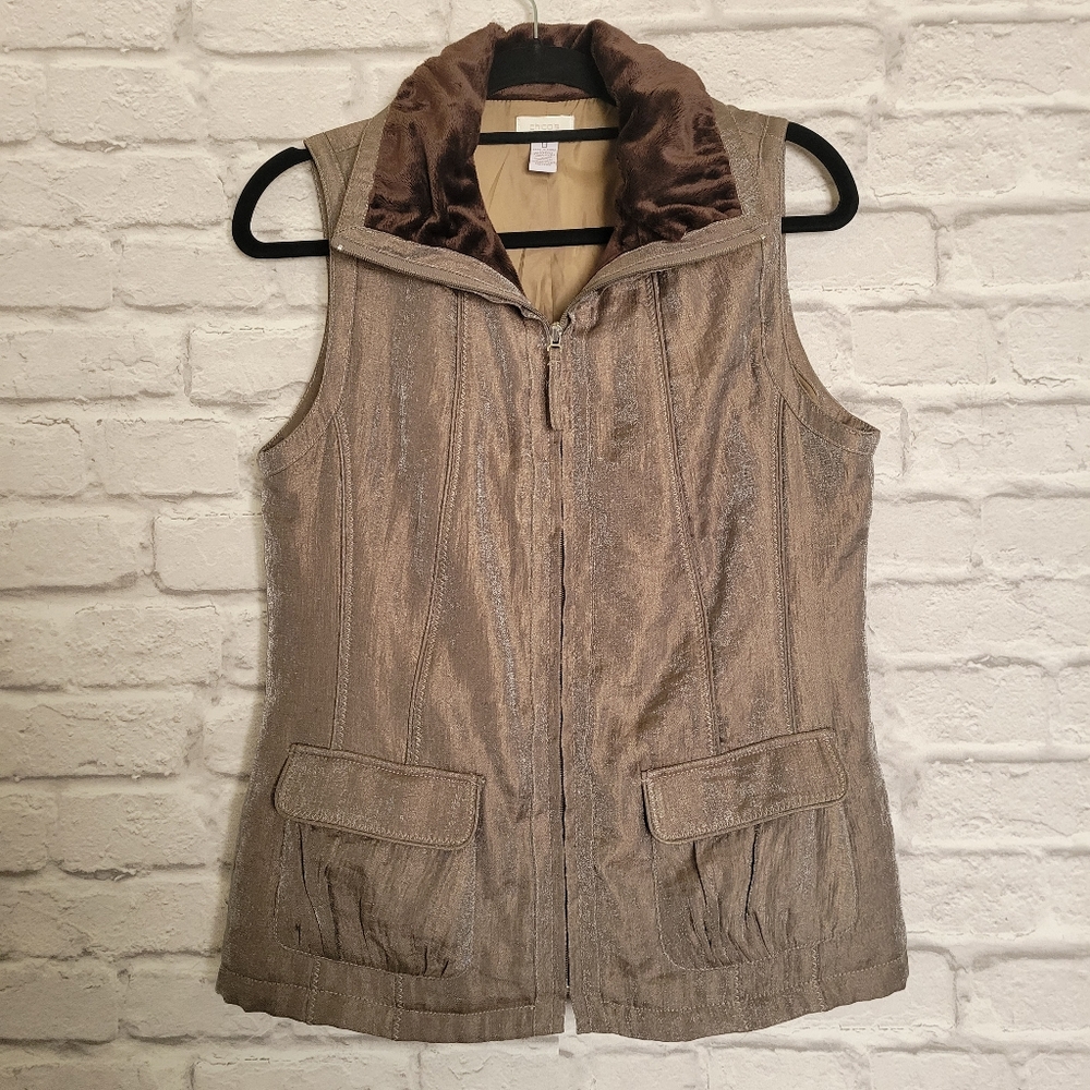 CHICO'S shimmery bronze tan brown puffer vest with faux fur collar size 0
